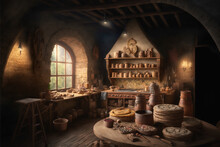 Inside Of A Medieval Bakery With Loafs Of Baked Bread On Counters, Middle Age Interior With A Window And A Cupboard Full Of Wicker Baskets, Clay Pots And Baked Buns. Cozy  Medieval Kitchen Interior.