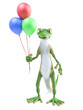3D rendering of a cool gecko holding three balloons.