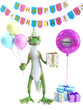3D rendering of a cool gecko with party balloons and gift.