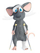 3D rendering of an injured cartoon mouse on crutches.