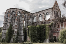 Abandoned Abbey In Belgium. Ruins Of The Aulne Abbey. 