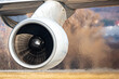 Aircraft jet engine. Plane turbofan motor. Aerospace and aviation industry.