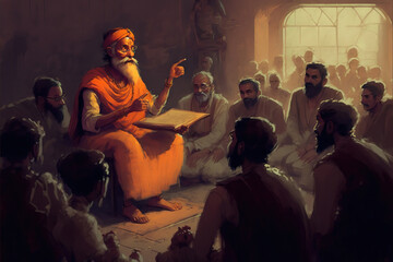 AI generated image of an old Hindu rishi or sadhu educating young people in ancient India 