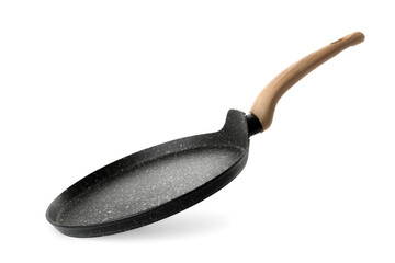 New pancake pan with wooden handle isolated on white background