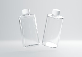Wall Mural - two plastic shampoo bottles floating on gray background 3d render mockup