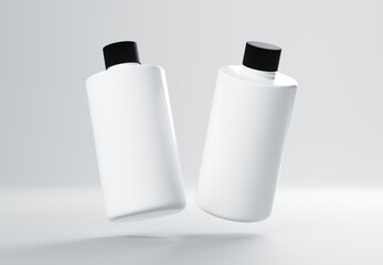Wall Mural - two plastic shampoo bottles floating on gray background 3d render mockup
