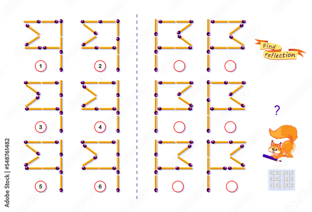 Logic puzzle game for kids. Need to find correct reflection for each ...