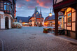Leinwandbild Motiv Wernigerode, Germany. Cityscape image of historical downtown of Wernigerode, Germany with Old Town Hall at summer sunrise.