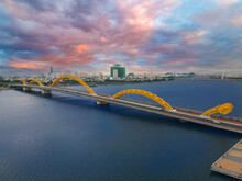 Arial Views Of Da Nang Vietnam Rivers, And Dragon Bridge. Wonderful Colours Of The Sky And River
