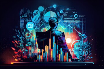 Concept of business growth and financial investment, executives use laptop computers to analyze sales data and economic growth graphs, business planning and strategy