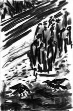 Graphic Book Illustration Simple Drawn With Charcoal. A Rich Drawing Depicting People Going Into The Distance And The Birds Accompanying Them. Original, Mystical, Poetic Drawing