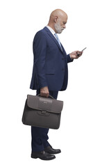 Wall Mural - Businessman connecting online with his smartphone PNG file no background