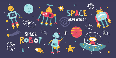 Wall Mural - set of cute robots in the space. cosmic collection with funny robot astronauts. sticker bundle for k