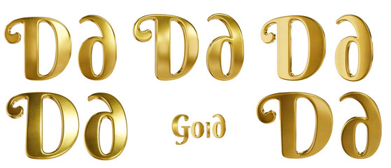 3D alphabet. Golden font with transparent background. Gold. Letter D, d. 5 variants at different angles.