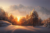 Fototapeta  - Snowy Forest at Sunset, AI Generated Illustration