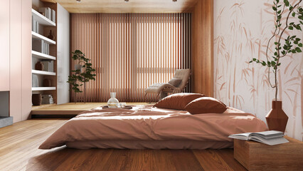 Japandi wooden bedroom in white and orange tones. Bed with pillows and decors. Wallpaper and parquet floor. Minimalist interior design