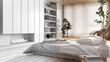 © ArchiVIZ - Architect interior designer concept: hand-drawn draft unfinished project that becomes real, modern wooden bedroom. Bed with pillows and fireplace. Minimalist japandi style