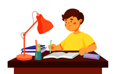 Sticker - Boy doing homework - colorful flat design style illustration