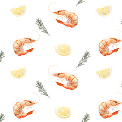 Wall Mural - Watercolor seamless pattern with shrimp, lemons and rosemary on white background