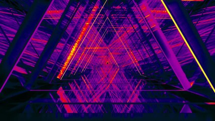 Canvas Print - futuristic abstract animation of space background in triangle tunnel with rays and neon light tubes.