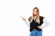 © andrey - a blonde in a black vest shows fingers on a white background