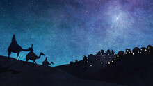 Three Kings (also Known As The Wise Men Or Magi)  Follow The Star Of Bethlehem To Meet The Newborn King, Jesus Christ. Image  In Square Format, Painterly Illustration Style.