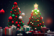 Two Beautiful Green Decorated Christmas Trees With Presents On A Green Background, AI Generated Image