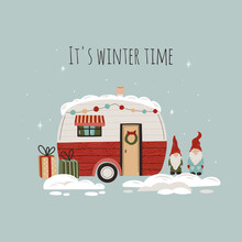 Winter Concept With Snow-covered Trailer With Gnome And Gifts. Christmas Time Iluustration For Poster, Card, Print.