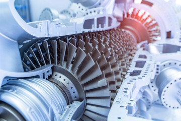 Model of turbine engine with longitudinal section for studying arrangement of blades and combustion chambers