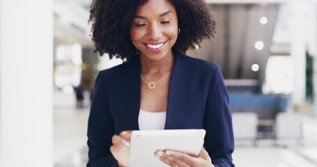 Poster - Tablet, walking and portrait with a business black woman doing online research in her office at work. Motivation, success and smile with a happy female employee in a company corridor for a walk