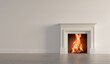 © ink drop - Large traditional fireplace with roaring fire. Empty mantle piece mockup shelf. 3D Rendering