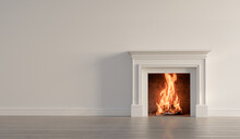 Large Traditional Fireplace With Roaring Fire. Empty Mantle Piece Mockup Shelf. 3D Rendering