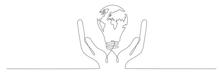 Canvas Print - Hands hold lightbulb with Earth map one continuous line drawing. Vector isolated on white background.	