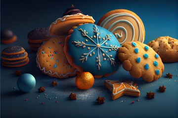 decorated christmas cookies on a dark blue background, generative ai