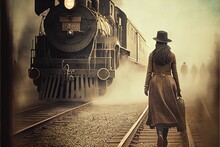 A 1970s Era Woman Walking Along Up The Railroad Track Towards An Approaching Steam Locomotive, Vintage Film