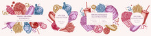 Carnival Food Hand Drawn Frame Templates. Vintage Illustrations Of French Fries, Pretzel, Popcorn, Lemonade, Hot Dog, Mulled Wine, Caramel Apple, Cotton Candy, Ice Cream Cones, Lollipop, Ribbons.