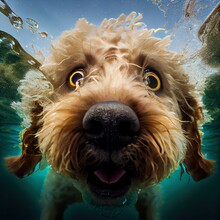  A Dog Is Swimming In The Water With His Head Above The Water's Surface And Looking Up At The Camera