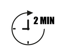 2 Minutes Clock Vector With Pointer. Black Clockwise Arrow With White Background