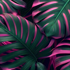  a close up of a green and pink plant with leaves on it's sides and a dark background Generative AI