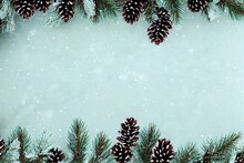  A Picture Of Pine Cones And Pine Needles On A Snowy Background With A Place For Text Or Image Or A Border