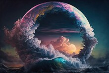 World Within Worlds - Moon As A Portal Rift To Another Dimension In Time And Space With Turbulent Ocean Waves And Surreal Clouds. Fantasy Unreal Sci-fi Seascape Digital Illustration.