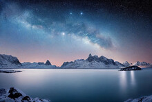 Polar Ocean Landscape Illustration With The Milky Way In The Sky.
