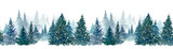 雪降る森林の水彩イラスト。奥行きのある森の風景。シームレスパターン。
