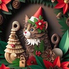 Wall Mural - Christmas scene with the kitten, Quilling art of cut paper technique, 3D render style, winter scene 