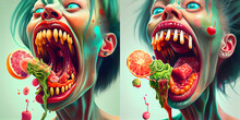 An Illustration Of A Huge, Terrible Head, Eating Food. A Disgusting, Greedy, Huge Mouth With Teeth. Zombies. Surrealism Chinese Dragon Statue, Collection. Character Design