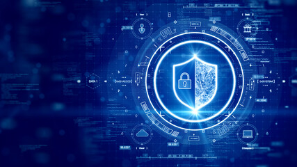 Leinwandbilder - digital technology concept cyber security data protection internet network connection. The prominent shield in the middle of HUD on the right. Binary code connected polygons on dark blue background.