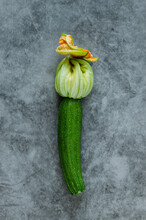 Tender Zucchini With Flower On A Stone Background. Copy Space.