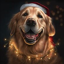 Golden Retriever Dog, Chain Of Christmas Lights And Santa Hat  