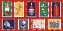Set Of Cute Hand-drawn Post Stamps With Christmas And New Year Attributes, Santa Claus, Candy Cane, Cat. Trendy Vector Illustartions In Cartoon Style.