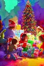 The Kids Are Tearing Through Their Presents With Glee, Laughing And Shouting In Excitement. They're Surrounded By A Mound Of Colorful Wrapping Paper, Bows And Ribbons. Sitting Back In His Chair, Santa